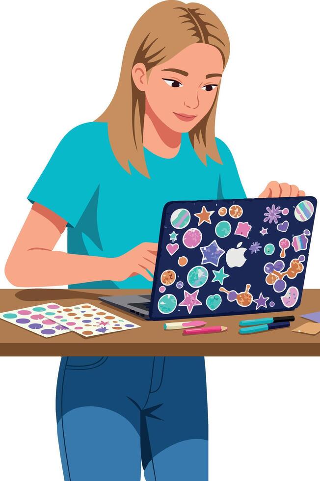 Young woman designing colorful stickers on laptop with artistic tools and palette at desk vector