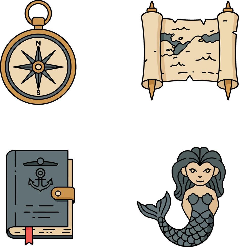 Nautical compass ancient map mermaid and sea journal illustrations collection vector