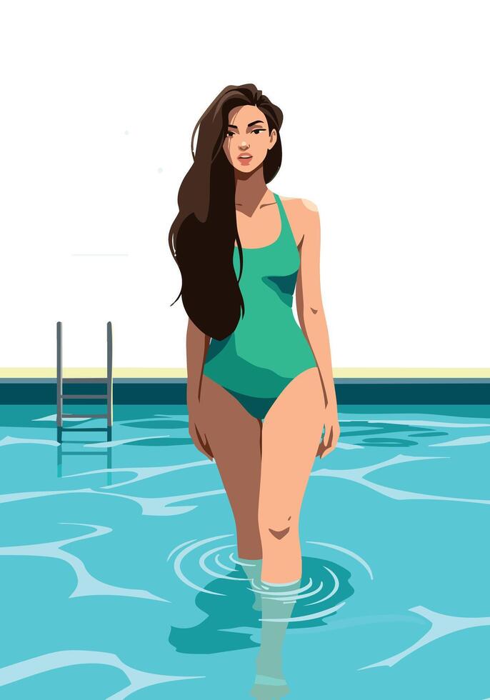 Woman in green swimsuit walking in pool water summer lifestyle illustration vector