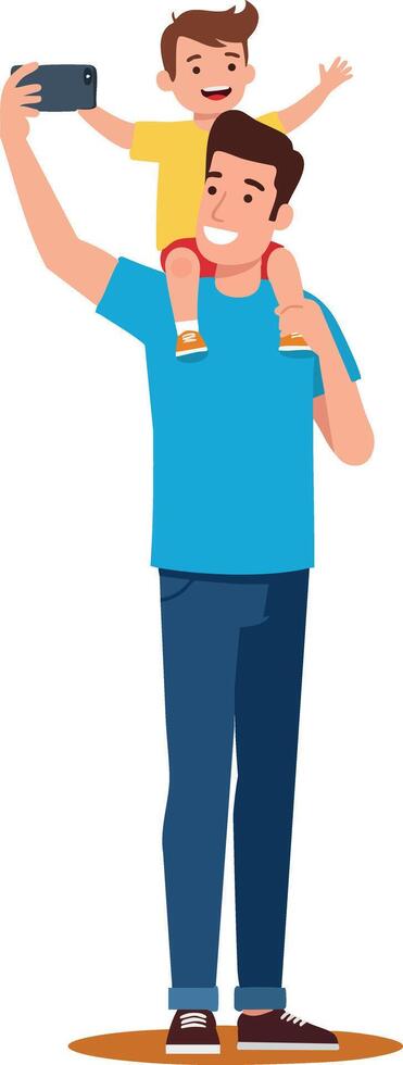 Father Carrying Son on Shoulders Taking Selfie with Smartphone vector