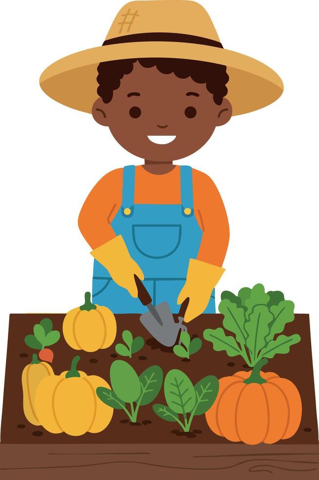 Child Gardening with Pumpkin Plants and Green Vegetables in Raised Bed Illustration vector