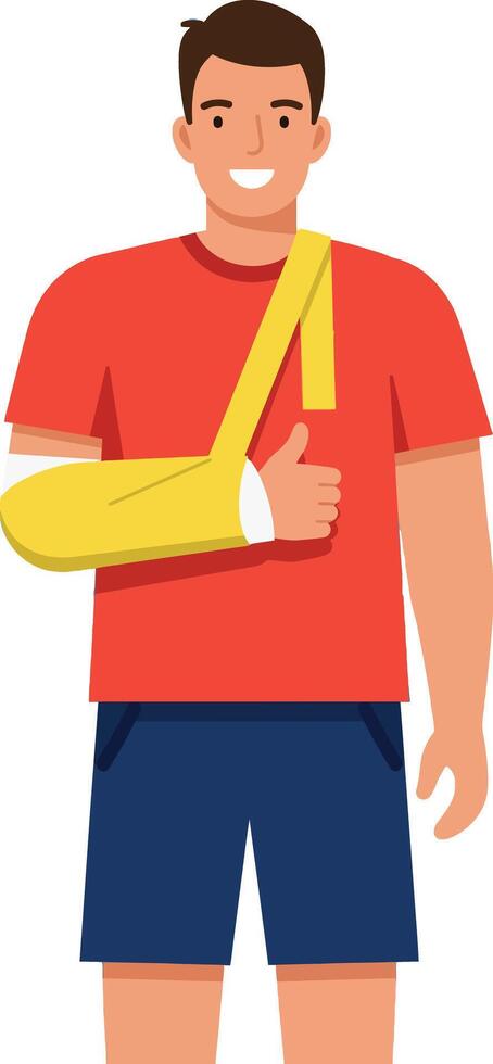 Man with Arm Sling Wearing Red Shirt and Blue Shorts Giving Thumbs Up Illustration vector