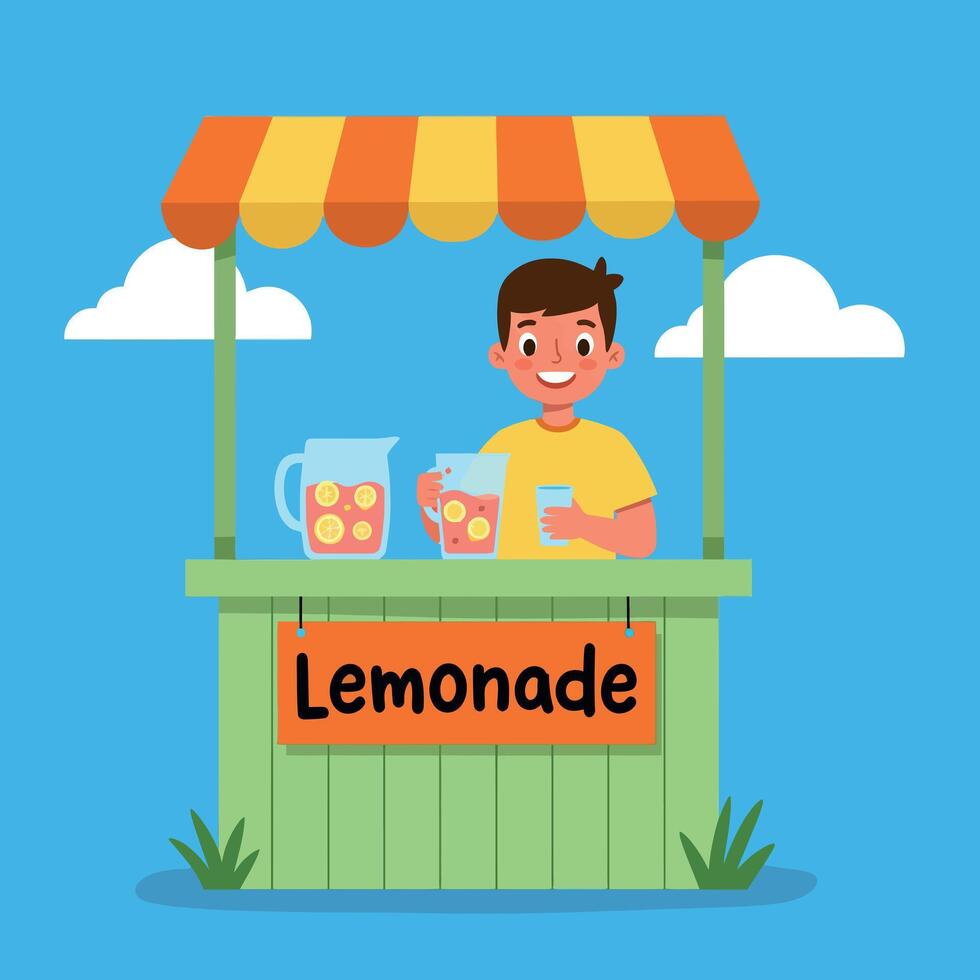 Boy selling lemonade at stand with yellow and orange canopy on clear sky background illustration vector