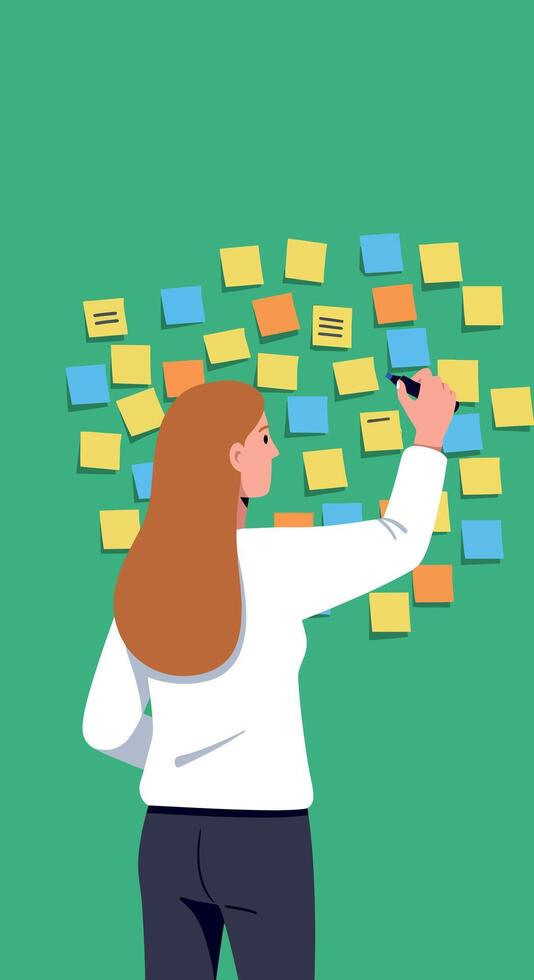 Woman organizing sticky notes on green board in office workspace illustration vector