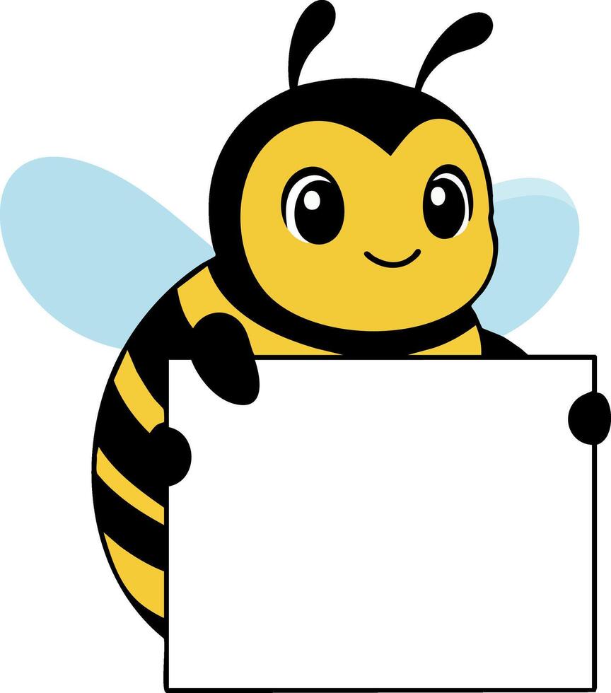 Cute smiling bee holding blank sign with blue wings illustration vector