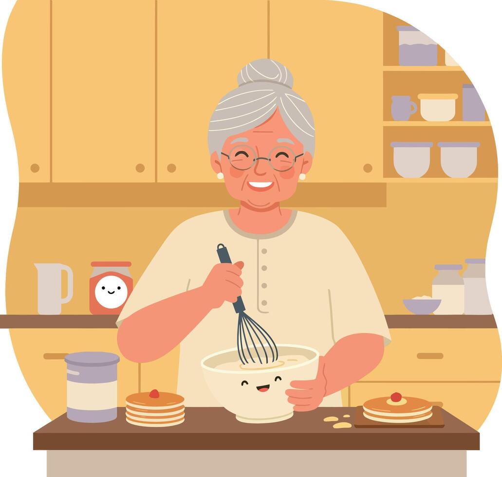 Elderly Woman Cooking Pancakes in Warm Yellow Kitchen Interior Scene Illustration vector