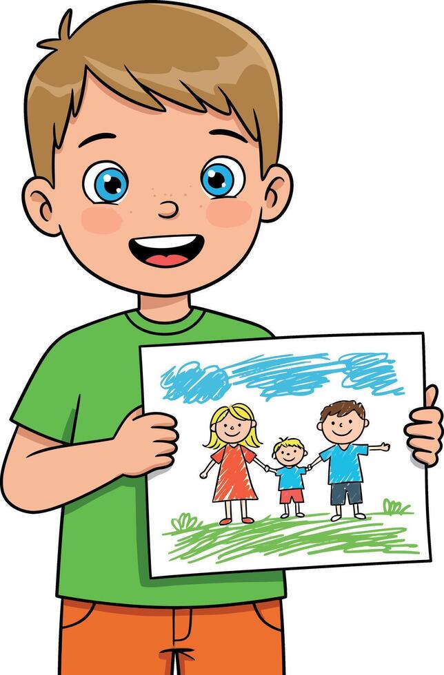 Boy holding colorful family drawing with smiling faces and blue sky background happy illustration vector
