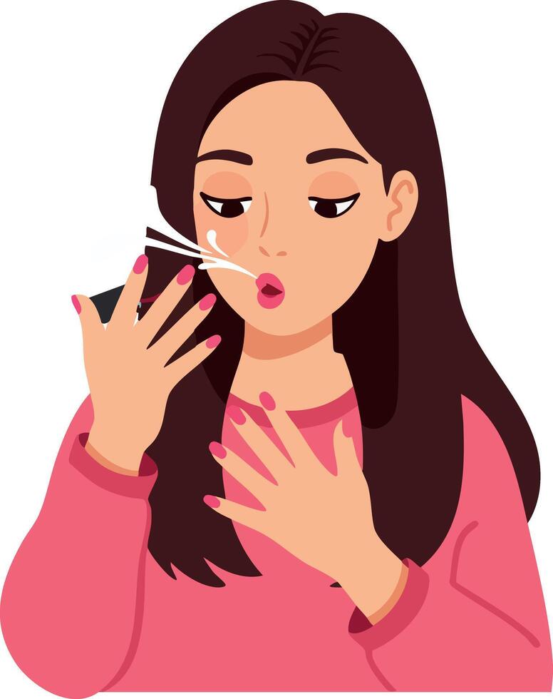 Woman with long brown hair applying makeup on lips with brush in pink sweater illustration vector