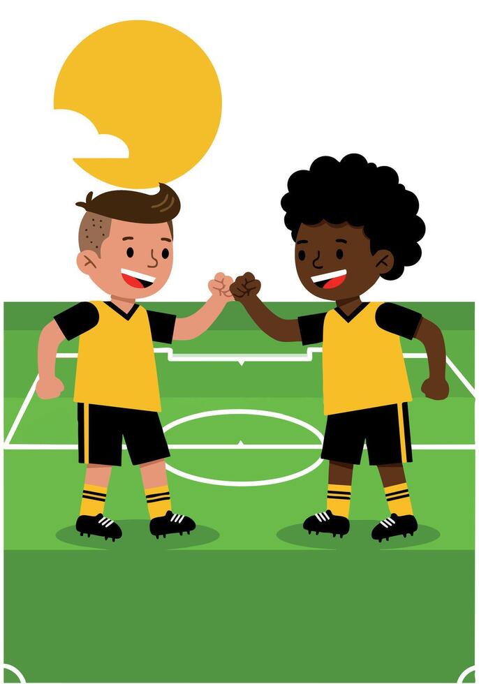 Two Boys Fist Bumping on Soccer Field with Yellow Sun Background Illustration vector
