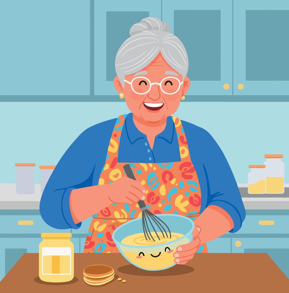 Elderly woman whisking batter in kitchen wearing colorful apron cooking activity illustration vector