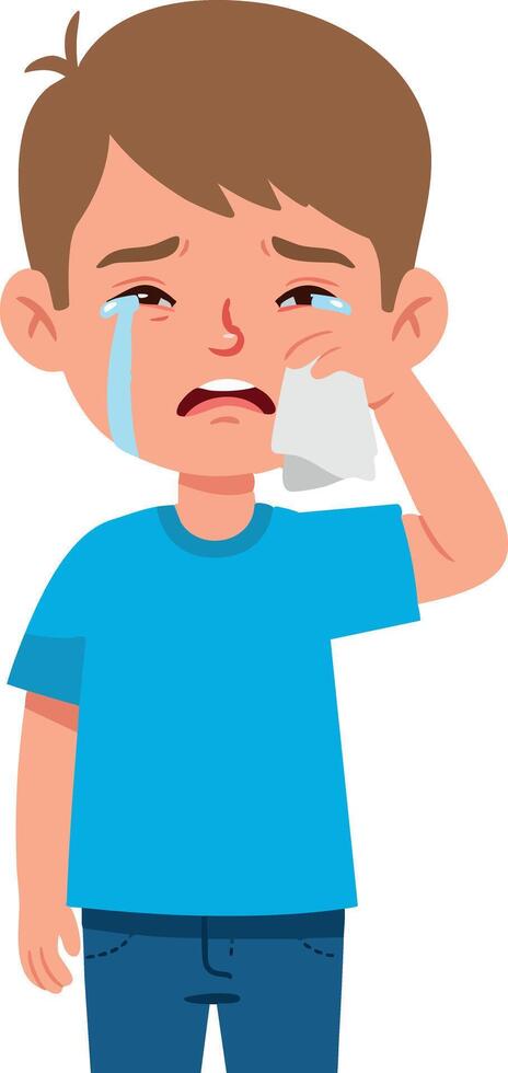 Sad crying boy wiping tears with tissue in blue shirt illustration vector