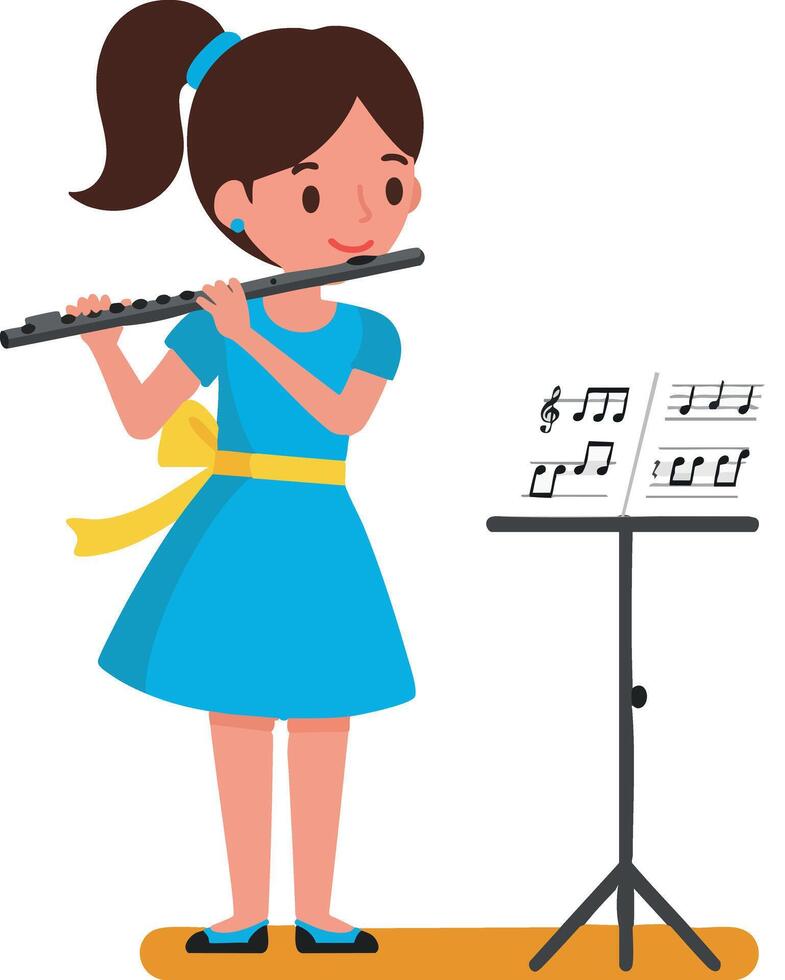 Girl playing flute music sheet on stand illustration in blue dress yellow belt vector