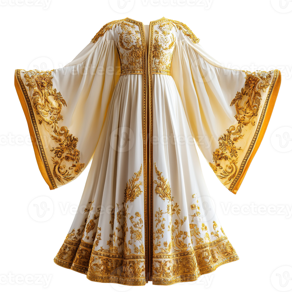 Ancient Style Royal Robe with Wide Sleeves and Detailed Gold Thread Embellishments Isolated on Transparent Background png