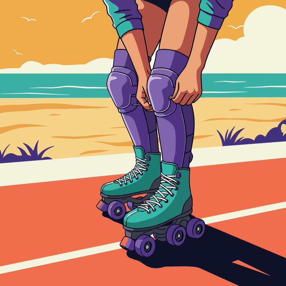 Person Wearing Purple Knee Pads and Teal Roller Skates on Beachside Path in Summer vector
