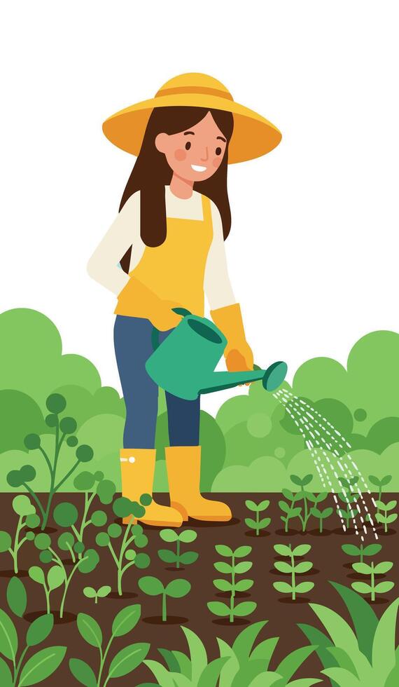 Woman gardening watering plants in garden with yellow hat and boots illustration vector