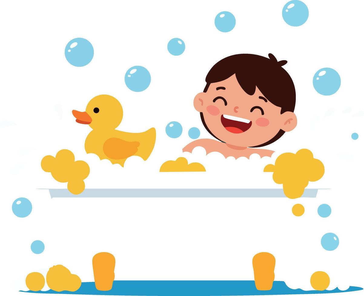 Child enjoying bubble bath with yellow rubber duck in white bathtub illustration vector