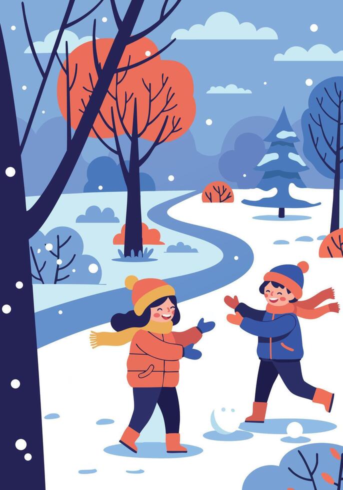 Children Playing in Winter Snow with Colorful Trees and Pathway Illustration vector