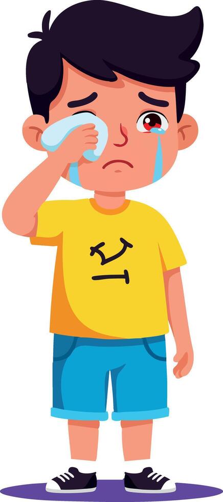 Sad crying little boy wiping tears illustration with yellow shirt and blue shorts vector