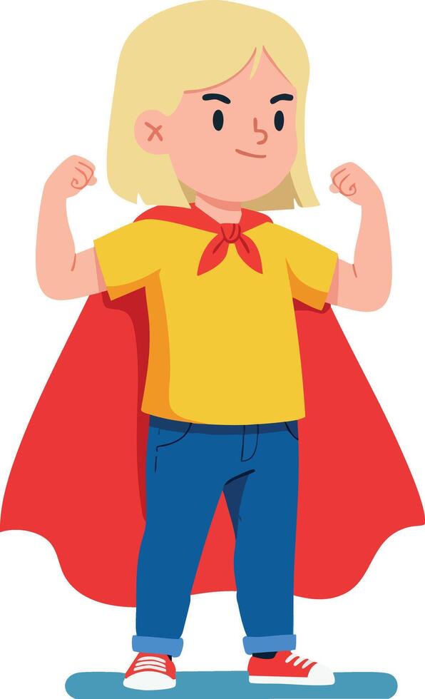 Girl in red cape and yellow shirt showing muscles superhero pose illustration vector