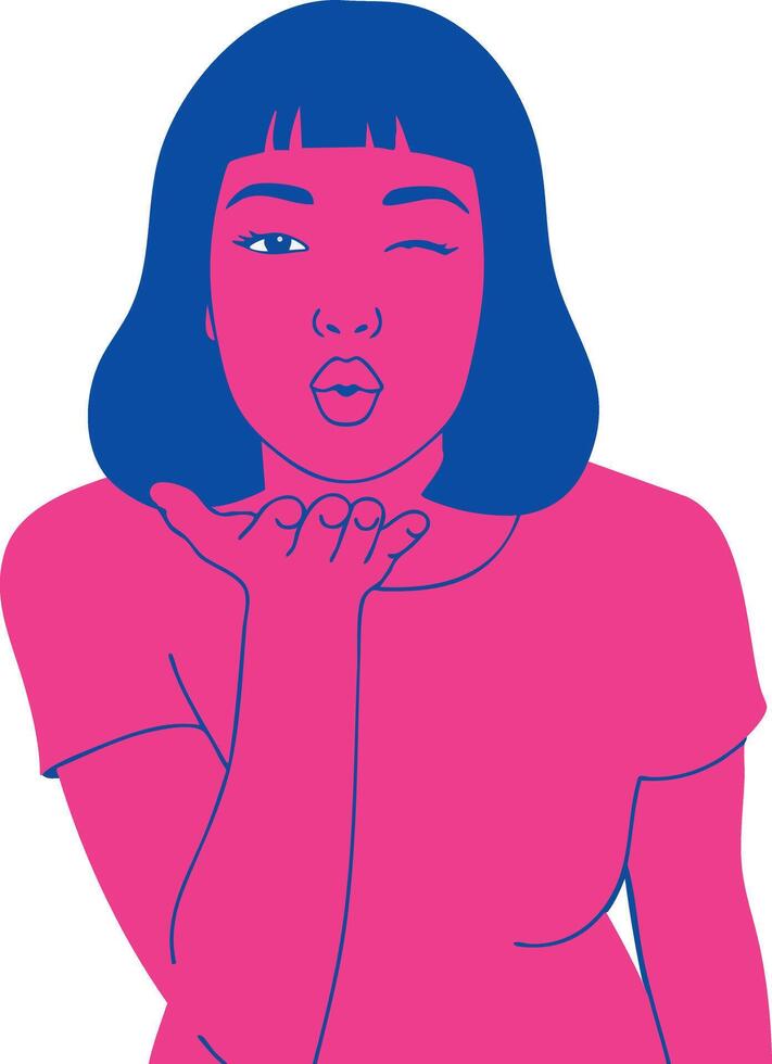 Woman blowing kiss in pink and blue modern illustration with minimal style vector