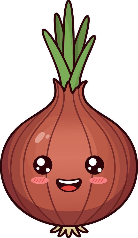 Cute happy onion vegetable character with green leaves and smiling face illustration vector