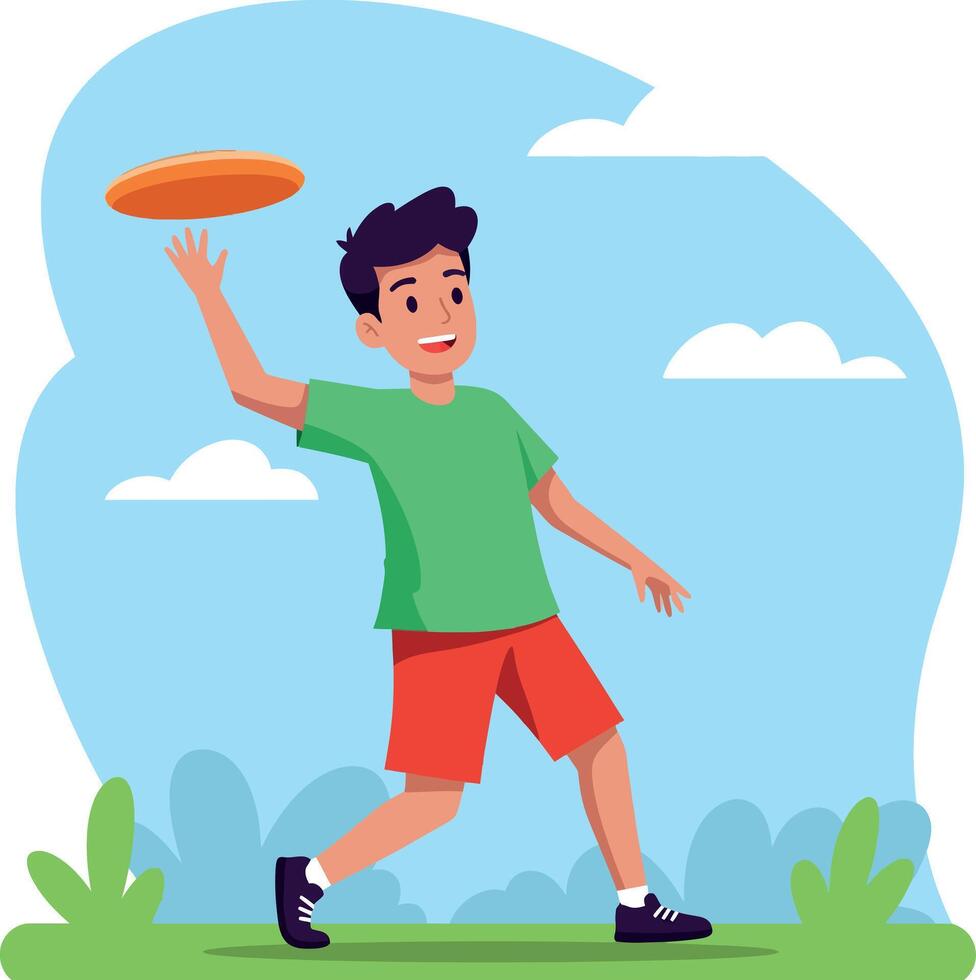 Boy playing with orange frisbee outdoors in green shirt and red shorts illustration vector