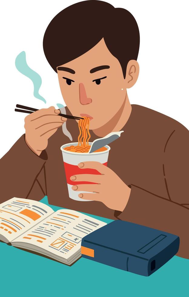 Young man eating instant noodles while studying with book and calculator illustration vector