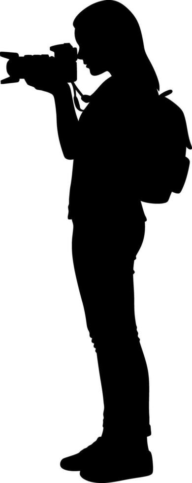 Female Photographer Silhouette Holding Camera with Backpack Standing Side View vector