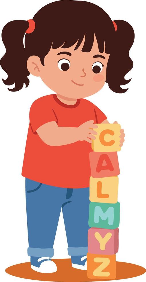 Little girl playing with colorful alphabet blocks stacking letters vertically illustration vector