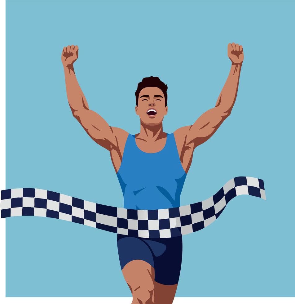 Male athlete crossing finish line winning race with raised arms in blue outfit illustration vector