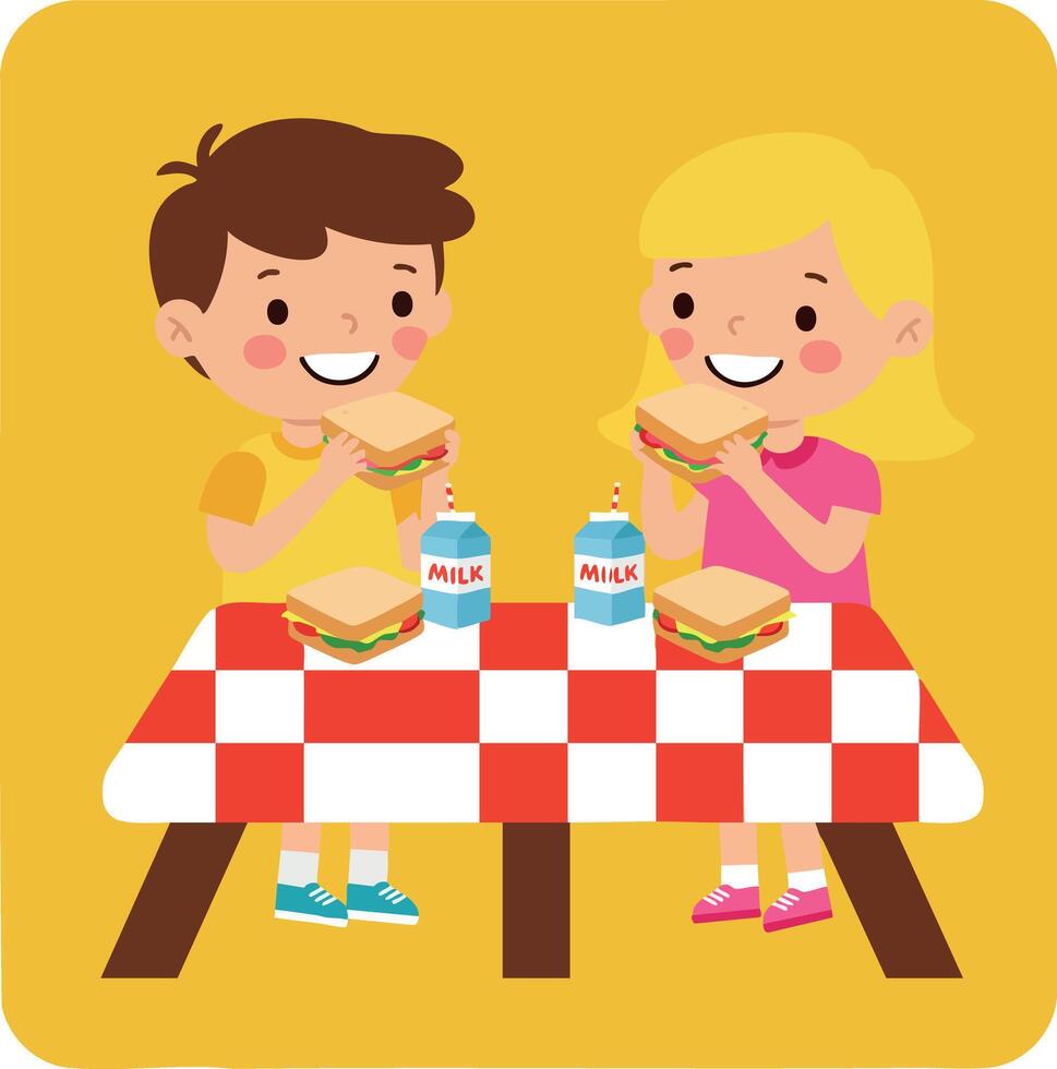 Children enjoying sandwiches and milk at picnic table with red checkered cloth illustration vector