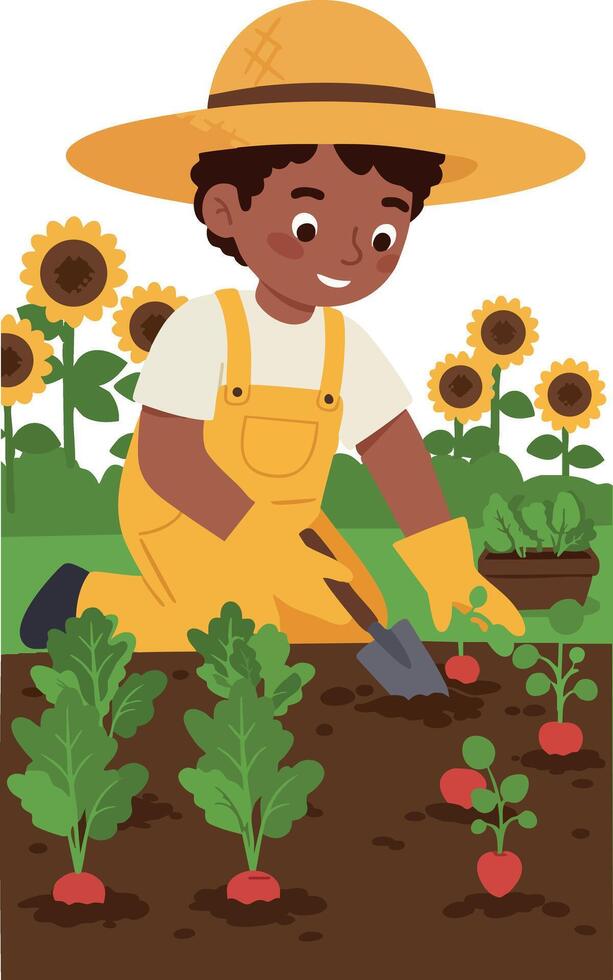 Child Gardening in Sunflower Field Planting Vegetables and Flowers Illustration vector