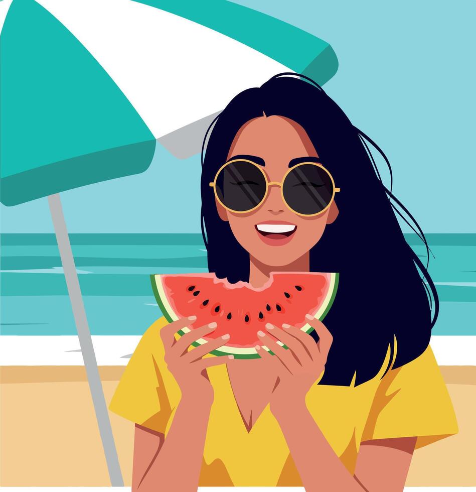 Young woman eating watermelon at beach with umbrella and ocean background illustration vector