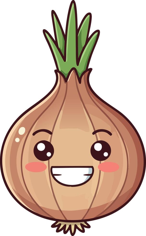 Smiling Onion Cartoon Character Illustration with Green Sprout and Cheeks vector