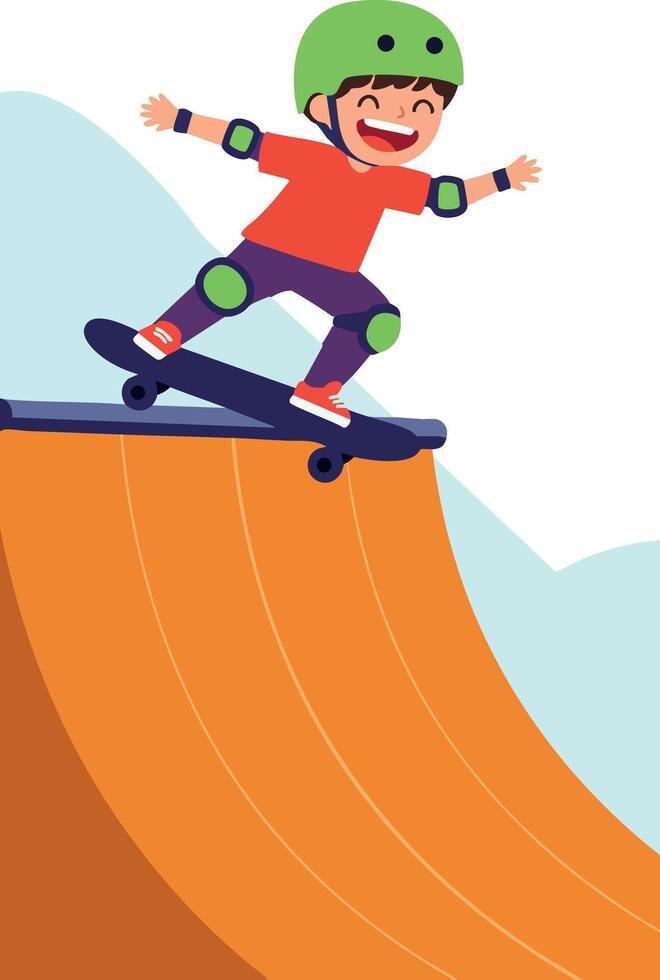 Boy skateboarding on half pipe ramp with green helmet and red shirt illustration vector