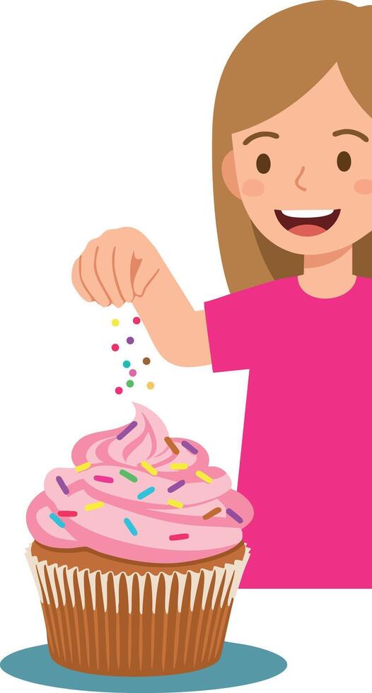 Girl decorating pink cupcake with colorful sprinkles happy lifestyle illustration vector