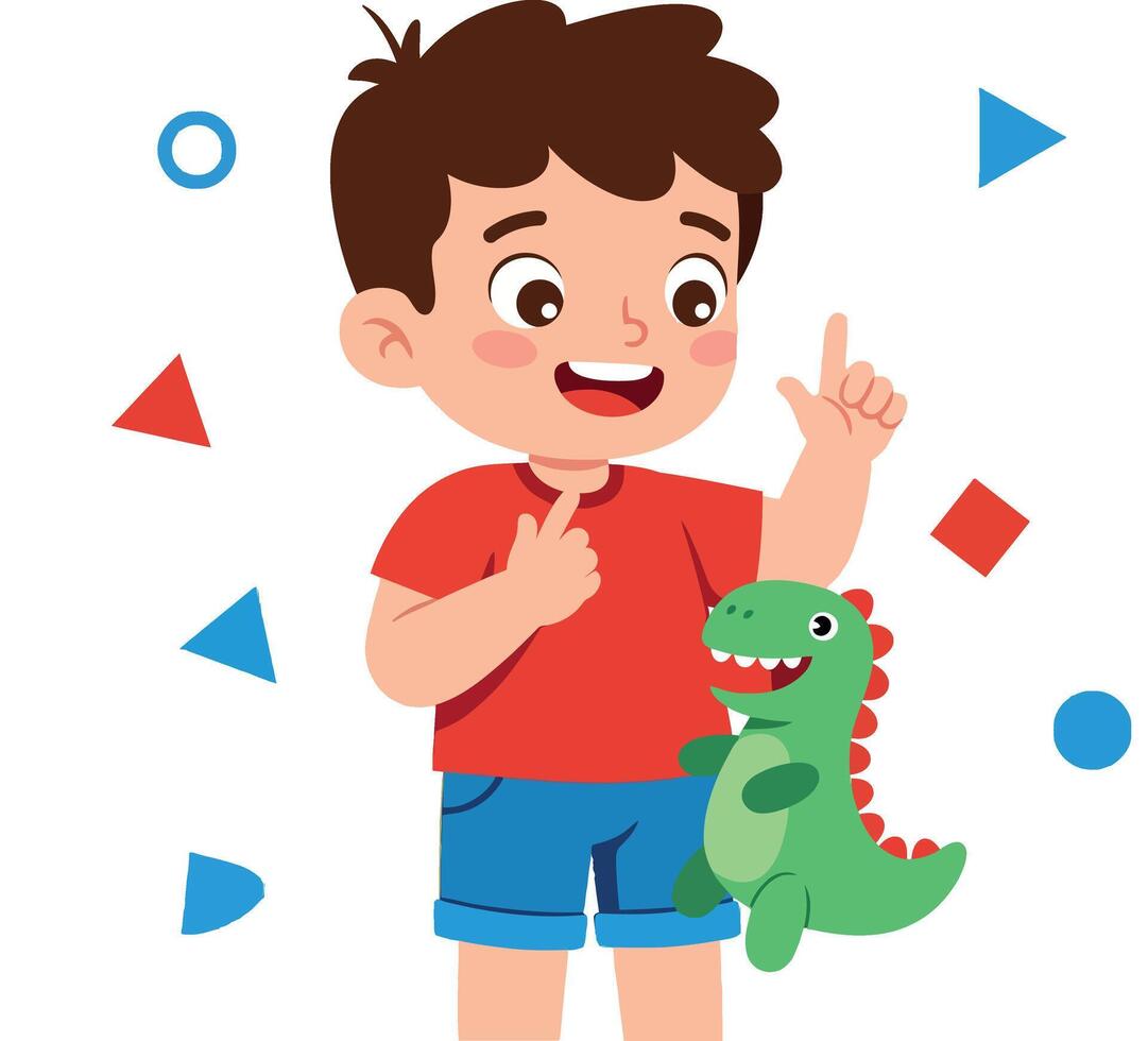 Happy boy in red shirt holding green dinosaur toy with colorful geometric shapes illustration vector