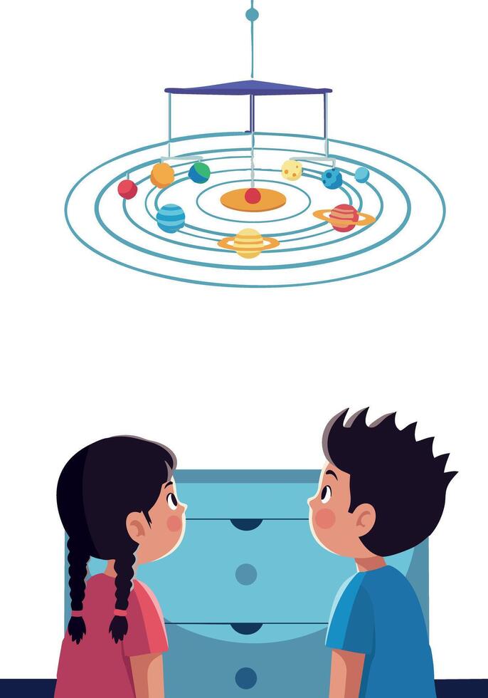 Children observing solar system model with planets and orbit rings educational illustration vector