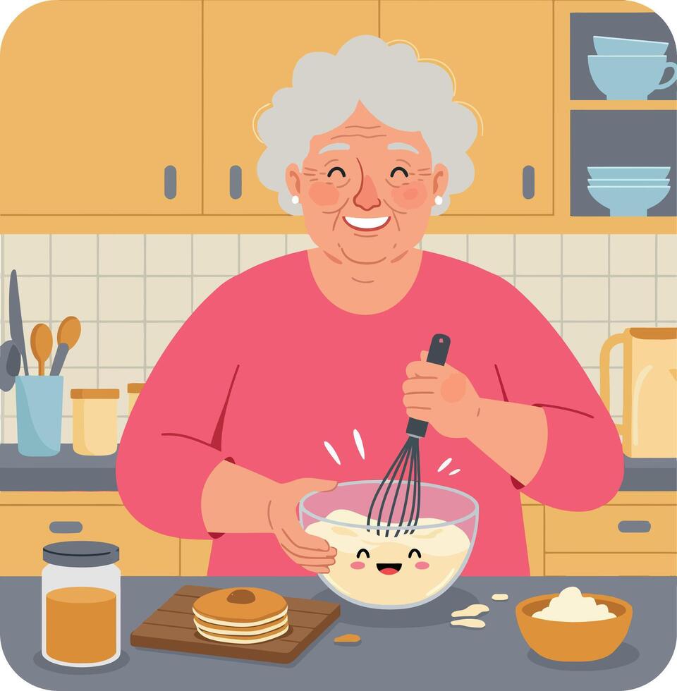 Elderly woman whisking batter in kitchen preparing pancakes illustration vector