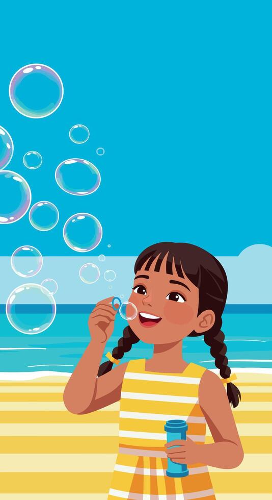Girl blowing bubbles at beach with blue sky and ocean background illustration vector