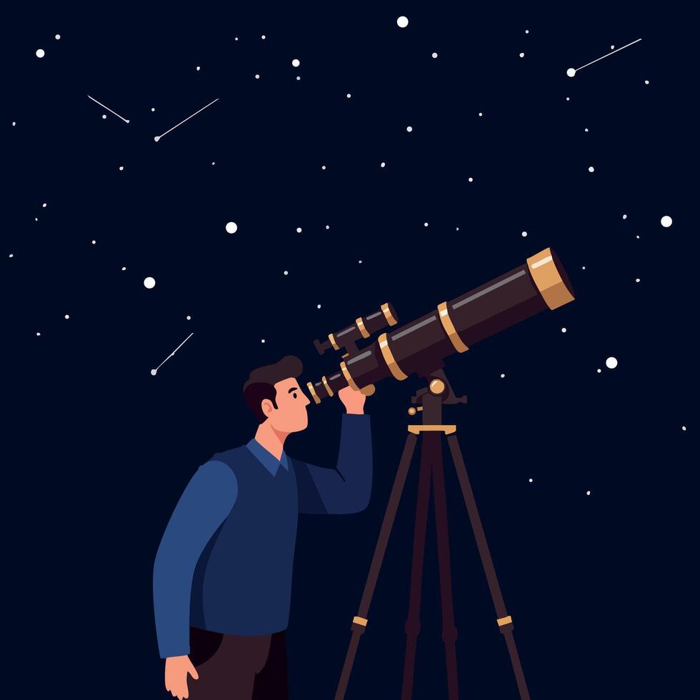 Man observing stars through telescope under night sky with constellations illustration vector