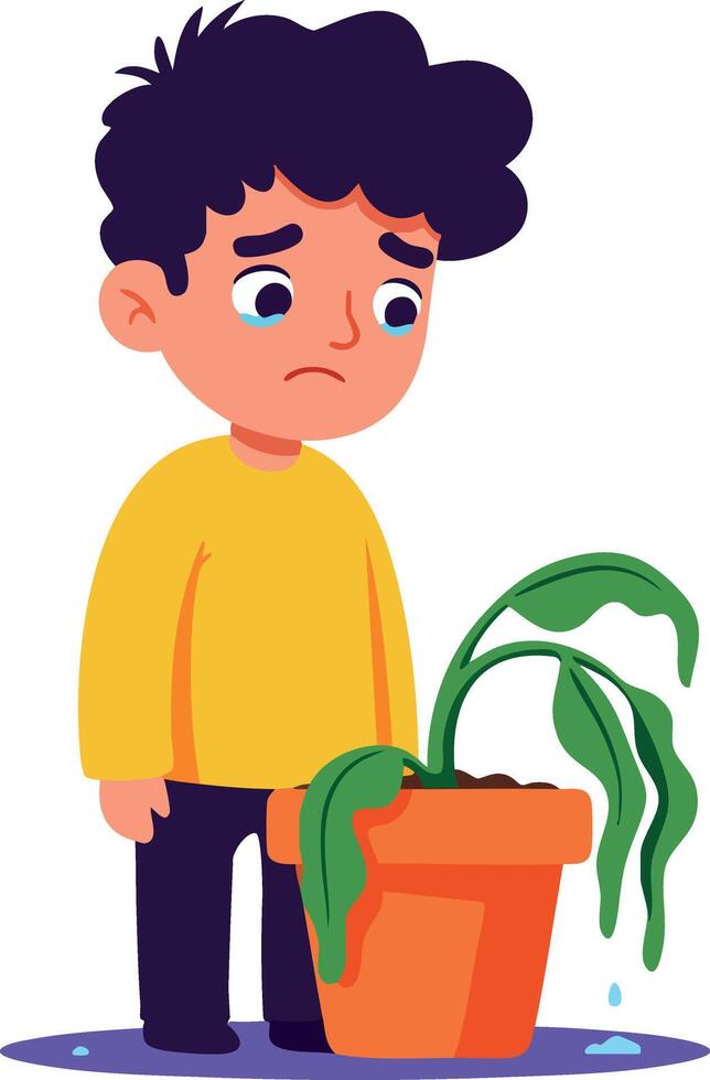 Sad boy standing next to wilting green plant in orange pot illustration vector
