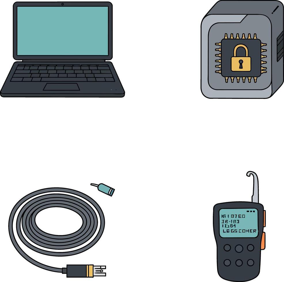 Laptop computer secure chip network cable and walkie talkie icons technology devices illustration vector