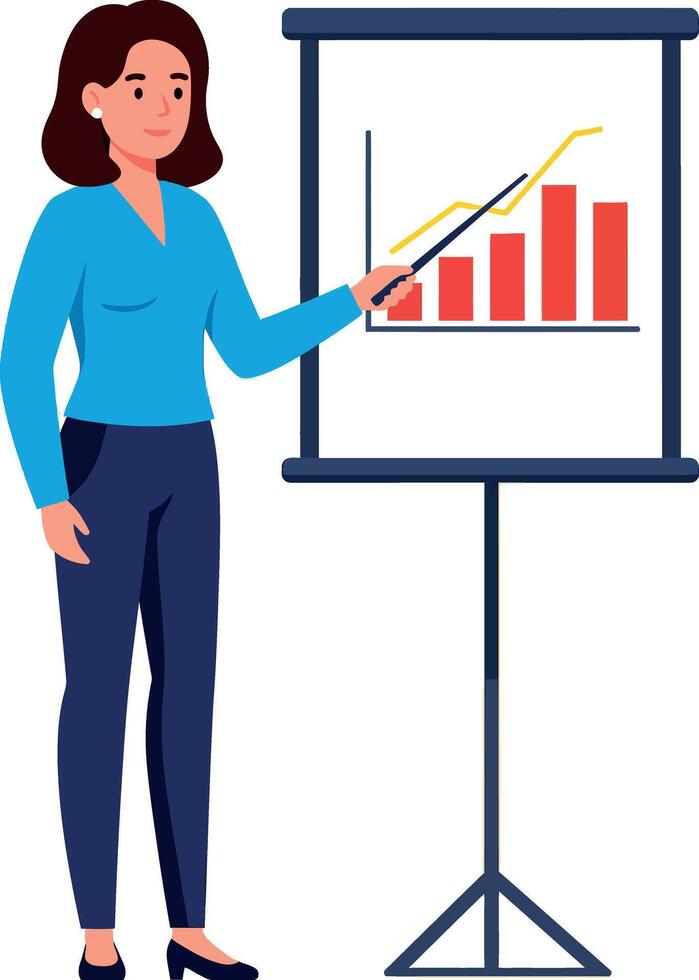 Businesswoman presenting financial growth chart with red bars and yellow trend line illustration vector