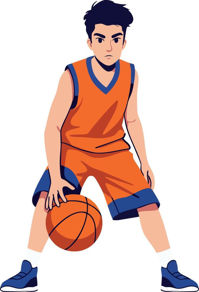 Young male basketball player dribbling ball in orange sportswear illustration vector