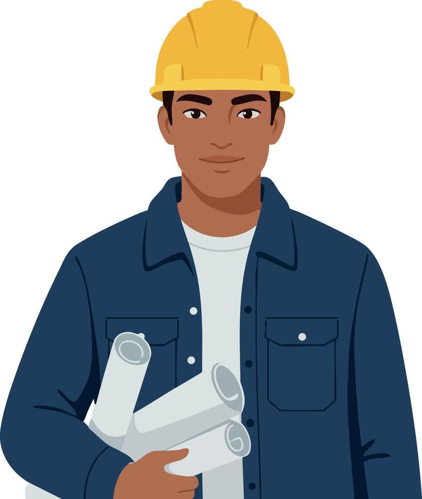Construction worker holding blueprints wearing yellow hard hat and navy jacket illustration vector