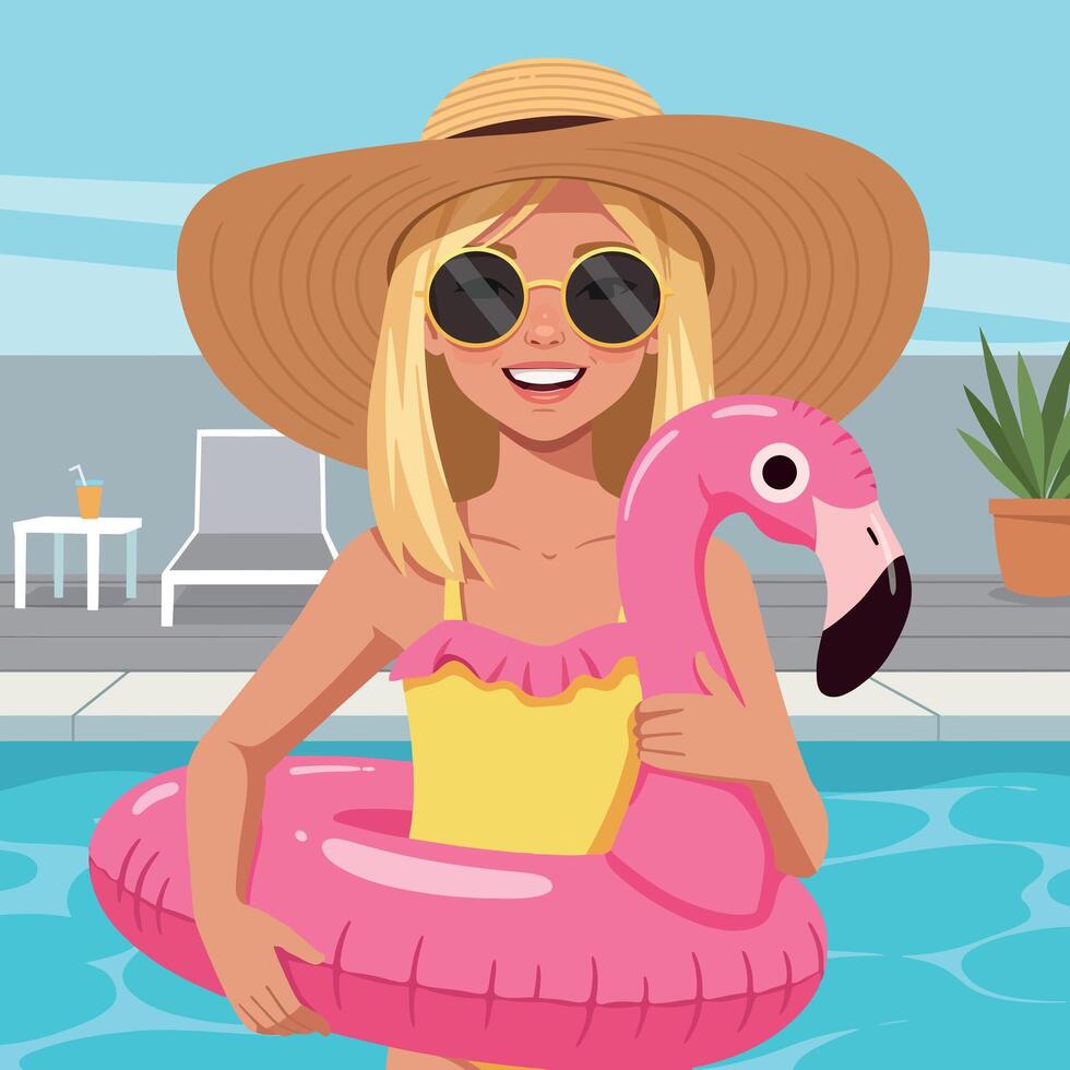 Girl in yellow swimsuit holding pink flamingo pool float enjoying summer poolside fun vector