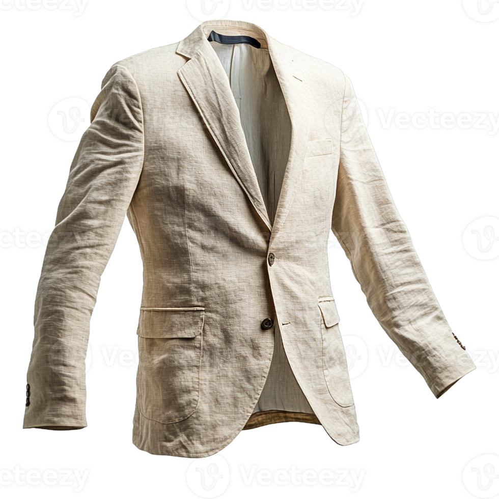 Stylized Linen Jacket for Men Displayed in Mid-Air with Visible Wrinkles, Buttons, and Pockets on Transparent Background png