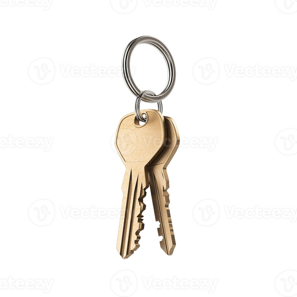 Classic Brass House Keys on Silver Metal Keyring Isolated on Transparent Background png