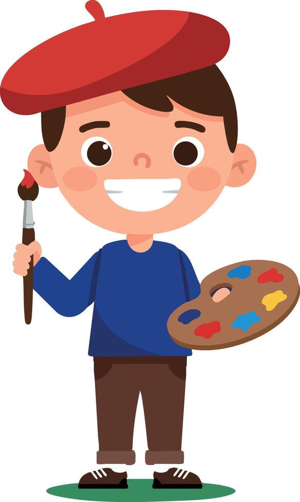Boy Painter Wearing Red Beret Holding Paintbrush and Palette Illustration vector